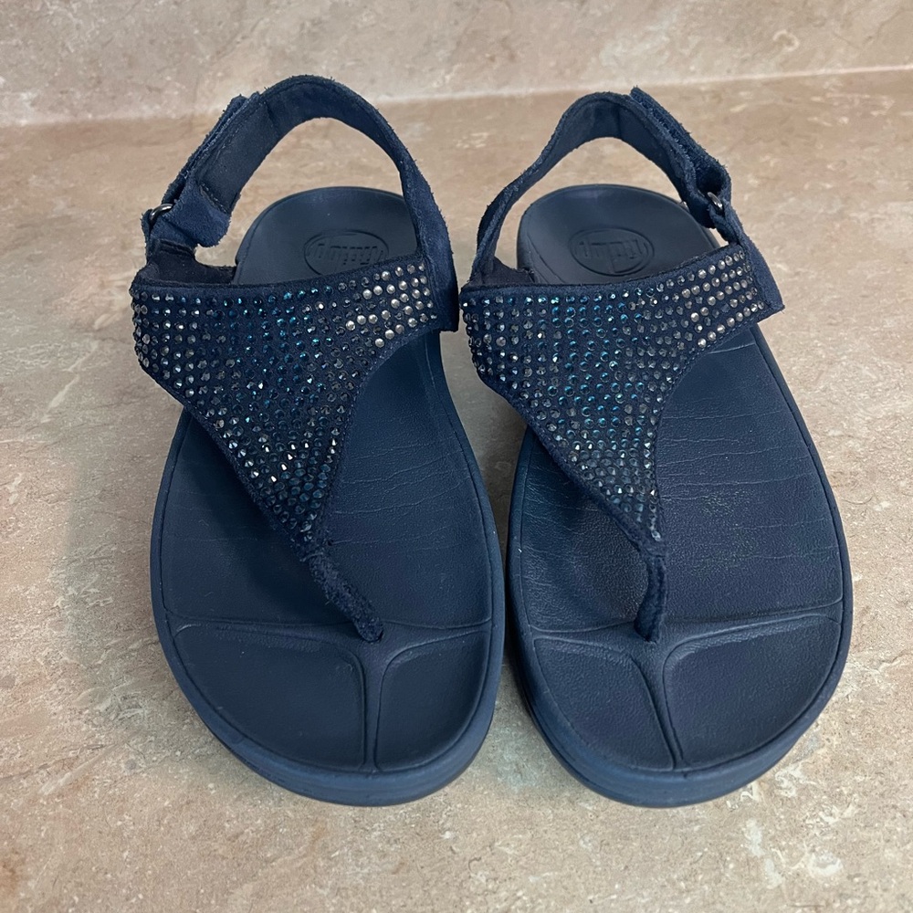 Women's Navy T-Strap Rhinestone Fitflop Sandals